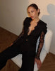 Women's Black Lace-Patchwork Blazer with a Deep V-Neck and Long Sleeves