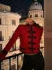 Women's Cropped Napoleon Blazer with Frog Closures and Patchwork Panels
