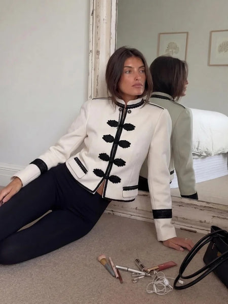 Women's Cropped Napoleon Blazer with Frog Closures and Patchwork Panels