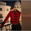Women's Cropped Napoleon Blazer with Frog Closures and Patchwork Panels