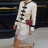 Women's Cropped Napoleon Blazer with Frog Closures and Patchwork Panels