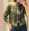 Women's Cropped Napoleon Blazer with Frog Closures and Patchwork Panels