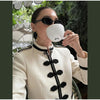 Women's Cropped Napoleon Blazer with Frog Closures and Patchwork Panels