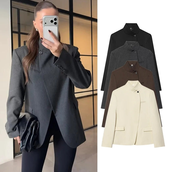 Women's Tailored Blazer Coat with a Single-Button Front in Dark Gray Brown Black or Beige