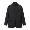 Women's Gray Plaid Blazer with a Stand Collar and Asymmetrical Pockets