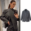 Women's Gray Plaid Blazer with a Stand Collar and Asymmetrical Pockets