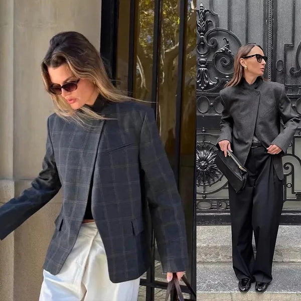 Women's Gray Plaid Blazer with a Stand Collar and Asymmetrical Pockets