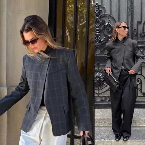 Women's Gray Plaid Blazer with a Stand Collar and Asymmetrical Pockets