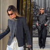 Women's Gray Plaid Blazer with a Stand Collar and Asymmetrical Pockets