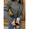 Women's Gray Plaid Blazer with a Stand Collar and Asymmetrical Pockets