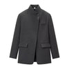 Women's Gray Plaid Blazer with a Stand Collar and Asymmetrical Pockets