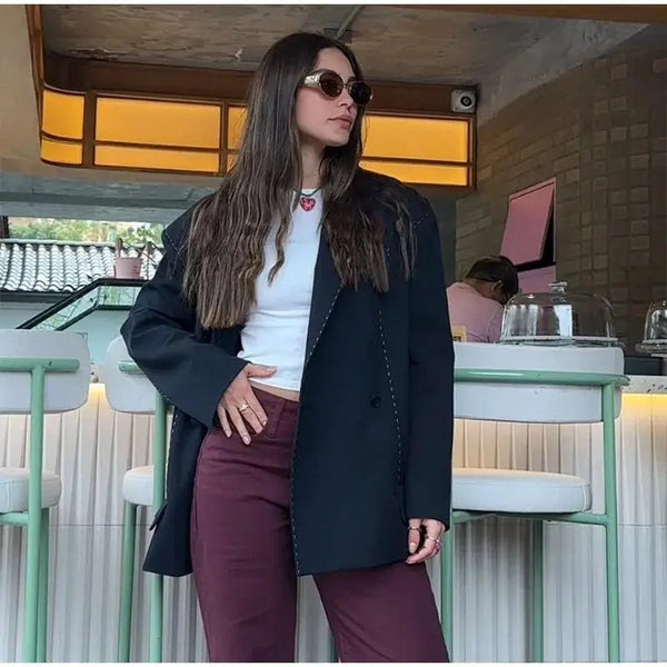 Women's Striped Double-Breasted Blazer with Notched Lapels and Long Sleeves
