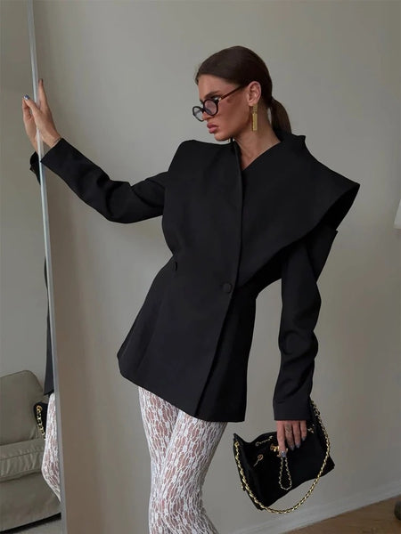 Women's Solid Waist Cinching Blazer Short Chic Wide Shoulder Split Sleeves Single Breated Spring Street Wear