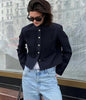 Women's Navy Napoleon Blazer Jacket with Braided Trim and Shoulder Pads