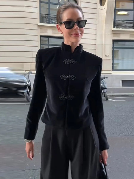 Women's Black Velvet Slim-Fit Blazer with a Mandarin Collar and Frog-Button Detail