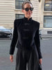 Women's Black Velvet Slim-Fit Blazer with a Mandarin Collar and Frog-Button Detail