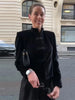 Women's Black Velvet Slim-Fit Blazer with a Mandarin Collar and Frog-Button Detail