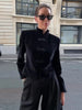 Women's Black Velvet Slim-Fit Blazer with a Mandarin Collar and Frog-Button Detail