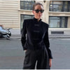 Women's Black Velvet Slim-Fit Blazer with a Mandarin Collar and Frog-Button Detail