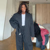 Women's Dark Navy Double-Breasted Blazer with Shoulder Pads and Long Sleeves
