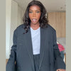 Women's Dark Navy Double-Breasted Blazer with Shoulder Pads and Long Sleeves