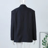 Women's Dark Navy Double-Breasted Blazer with Shoulder Pads and Long Sleeves