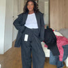 Women's Dark Navy Double-Breasted Blazer with Shoulder Pads and Long Sleeves