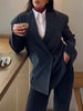 Women's Dark Navy Double-Breasted Blazer with Shoulder Pads and Long Sleeves