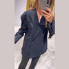 Women's Dark Navy Double-Breasted Blazer with Shoulder Pads and Long Sleeves