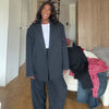 Women's Dark Navy Double-Breasted Blazer with Shoulder Pads and Long Sleeves
