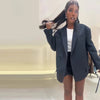 Women's Dark Navy Double-Breasted Blazer with Shoulder Pads and Long Sleeves