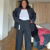 Women's Dark Navy Double-Breasted Blazer with Shoulder Pads and Long Sleeves