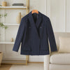 Women's Dark Navy Double-Breasted Blazer with Shoulder Pads and Long Sleeves