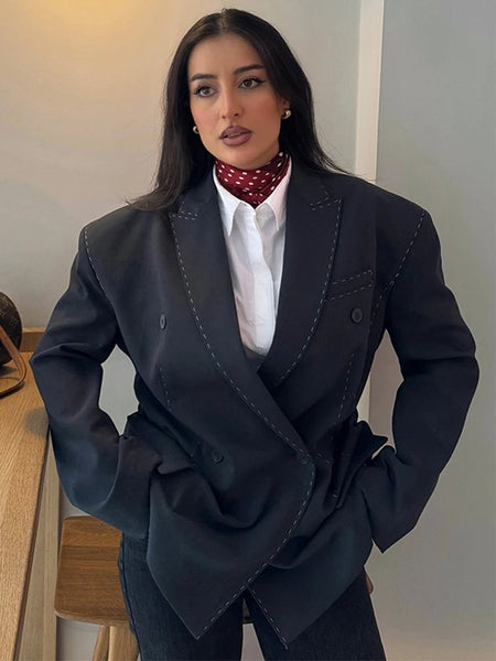 Women's Dark Navy Double-Breasted Blazer with Shoulder Pads and Long Sleeves