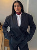 Women's Dark Navy Double-Breasted Blazer with Shoulder Pads and Long Sleeves