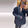 Women's Dark Navy Double-Breasted Blazer with Shoulder Pads and Long Sleeves