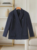 Women's Dark Navy Double-Breasted Blazer with Shoulder Pads and Long Sleeves