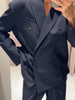 Women's Dark Navy Double-Breasted Blazer with Shoulder Pads and Long Sleeves