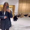 Women's Dark Navy Double-Breasted Blazer with Shoulder Pads and Long Sleeves