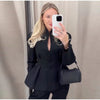 Women's V-Neck Blazer with Pleated Waist and Lace-Up Detail