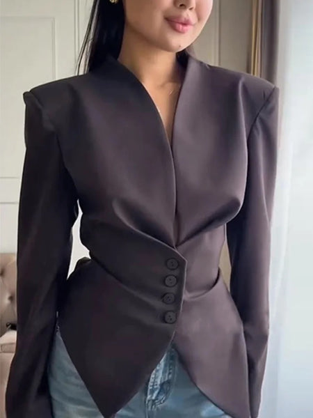 Women's V-Neck Blazer with Pleated Waist and Lace-Up Detail
