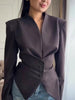 Women's V-Neck Blazer with Pleated Waist and Lace-Up Detail
