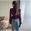 Women's V-Neck Blazer with Pleated Waist and Lace-Up Detail