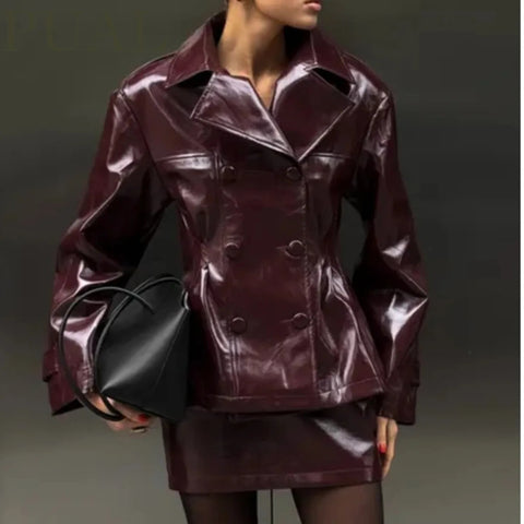 Women's Glossy Faux-Leather Blazer with a Double-Breasted Front in Red or Green