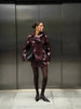 Women's Glossy Faux-Leather Blazer with a Double-Breasted Front in Red or Green