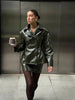 Women's Glossy Faux-Leather Blazer with a Double-Breasted Front in Red or Green
