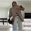 Women's Striped Stand-Neck Blazer with Shoulder Pads Pockets and a Single-Button Front