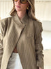 Women's Striped Stand-Neck Blazer with Shoulder Pads Pockets and a Single-Button Front