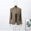 Women's Striped Stand-Neck Blazer with Shoulder Pads Pockets and a Single-Button Front