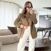 Women's Striped Stand-Neck Blazer with Shoulder Pads Pockets and a Single-Button Front